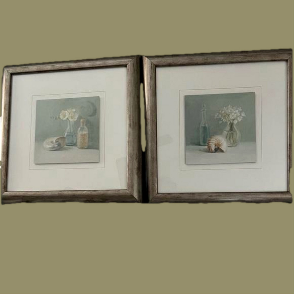 Framed Picture with Seashell and Flowers and A Bottle